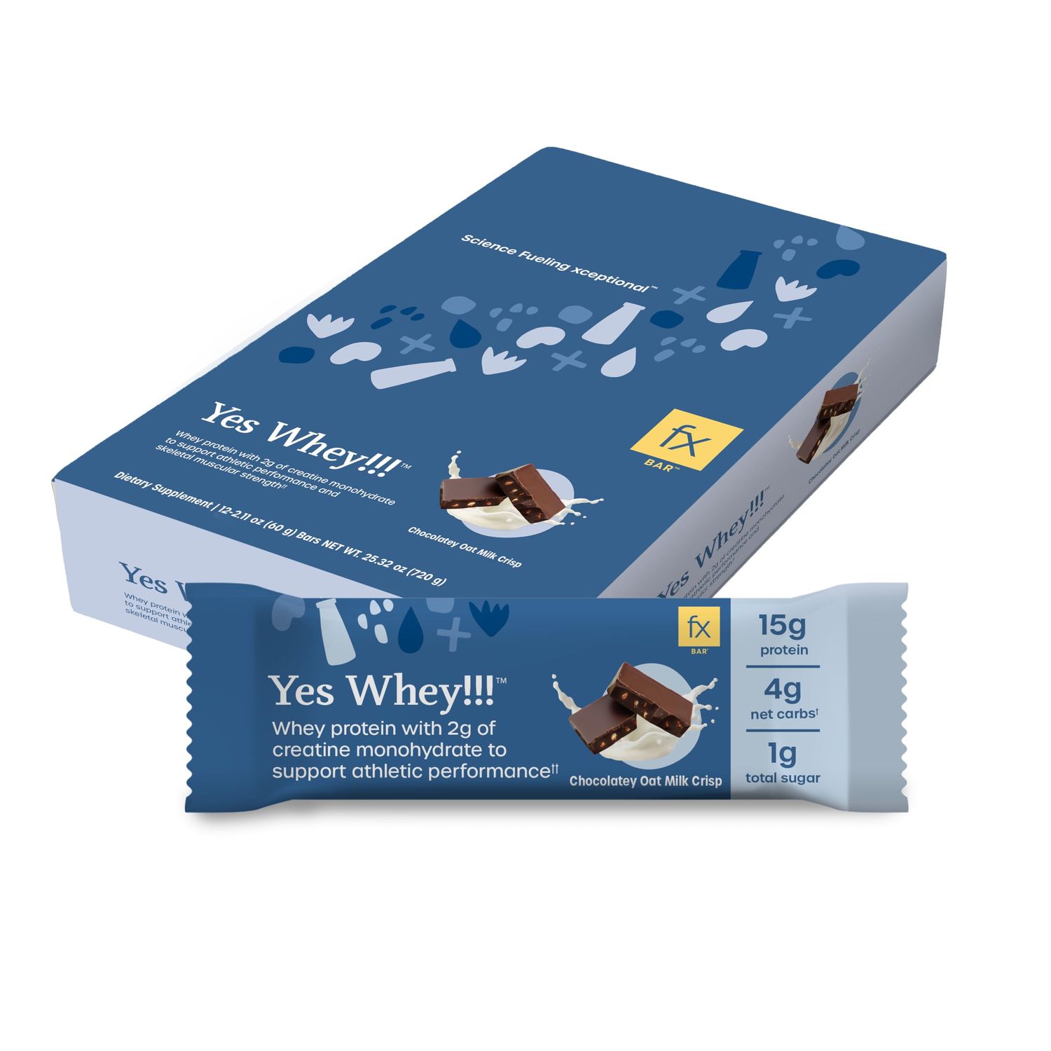 Fx Yes Whey Bar - 15g Whey Protein Bar with Creatine to Support Muscles, Energy &amp; Peak Performance - 1g Sugar  4g Net Carbs - Soy-Free Chocolate Oat Milk Crisp Flavor Protein Snack (12 Bars)
