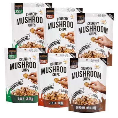EVIL SNACKS Crunchy Mushroom Chips - VARIETY PACK - Organic, Non-GMO, Plant-Based, Vegan - Nutrient-Packed, On-the-Go Snack - 1 Oz (6 Pack)