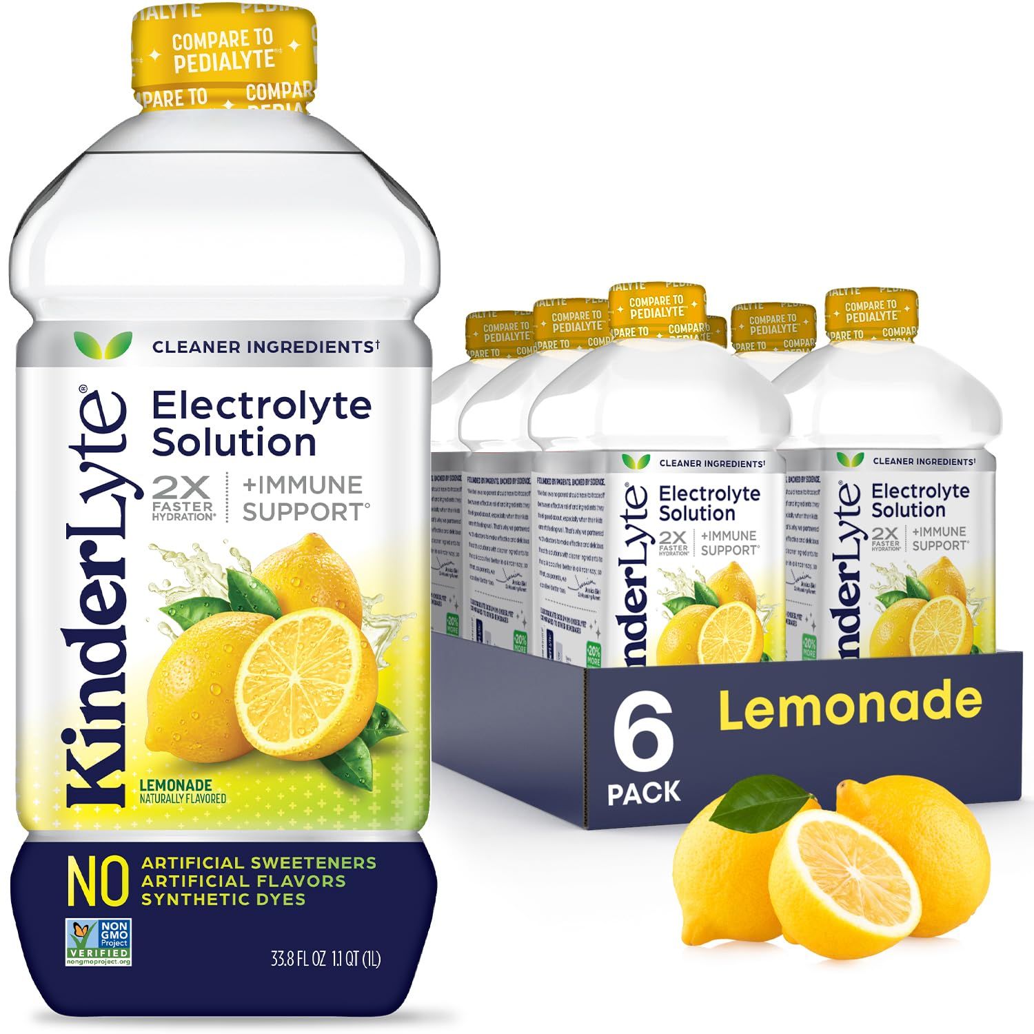 Kinderlyte Electrolyte Solution, 2X Faster Hydration vs. Water Alone, No Artificial Sweeteners or Flavors, No Synthetic Dyes, Lemonade, for Kids and Adults, 33.8 fl oz (Pack of 6)