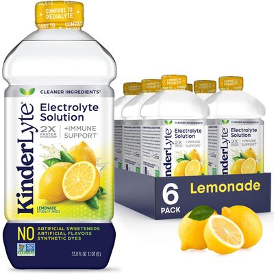 Kinderlyte Electrolyte Solution, 2X Faster Hydration vs. Water Alone, No Artificial Sweeteners or Flavors, No Synthetic Dyes, Lemonade, for Kids and Adults, 33.8 fl oz (Pack of 6)