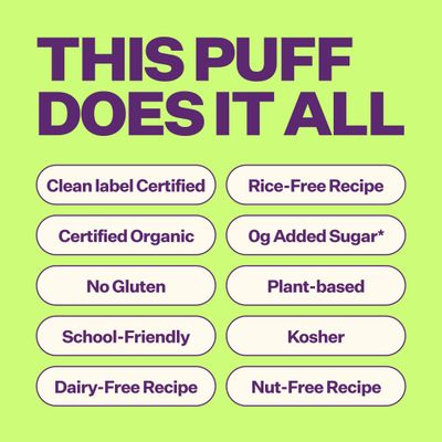 YUMI Organic Rice-Free Baby Puffs - No Sugar Added, Gluten-Free, Non-GMO Baby Snacks Puffs, School Safe for Daycare and Lunchboxes - Alternative to Baby Teething Snacks, Berry & Sweet Pea (6ct.)
