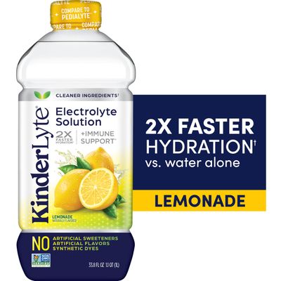 Kinderlyte Electrolyte Solution, 2X Faster Hydration vs. Water Alone, No Artificial Sweeteners or Flavors, No Synthetic Dyes, Lemonade, for Kids and Adults, 33.8 fl oz (Pack of 6)