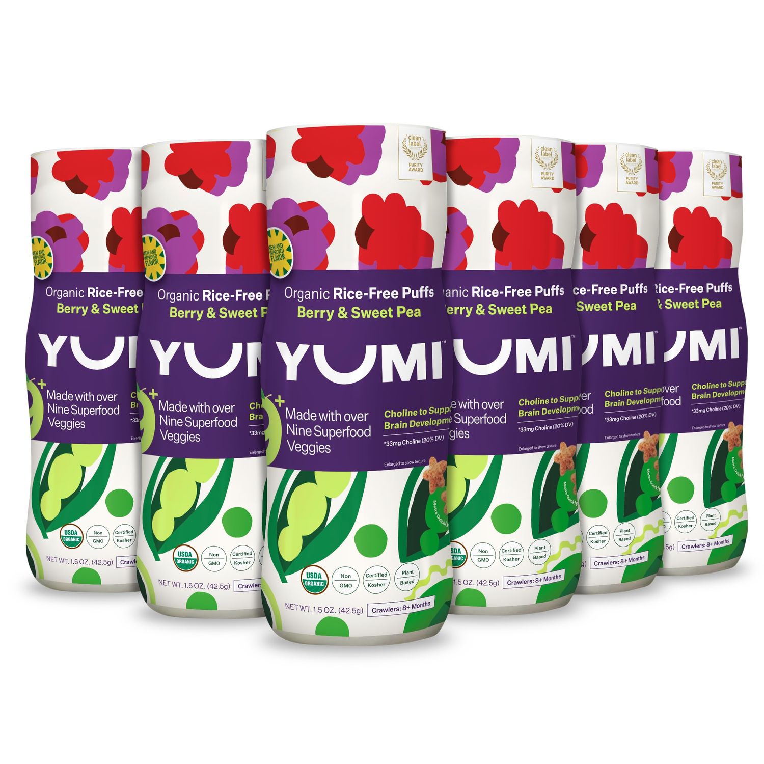 YUMI Organic Rice-Free Baby Puffs - No Sugar Added, Gluten-Free, Non-GMO Baby Snacks Puffs, School Safe for Daycare and Lunchboxes - Alternative to Baby Teething Snacks, Berry &amp; Sweet Pea (6ct.)