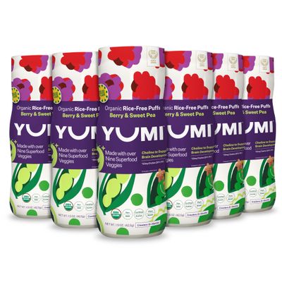 YUMI Organic Rice-Free Baby Puffs - No Sugar Added, Gluten-Free, Non-GMO Baby Snacks Puffs, School Safe for Daycare and Lunchboxes - Alternative to Baby Teething Snacks, Berry &amp; Sweet Pea (6ct.)