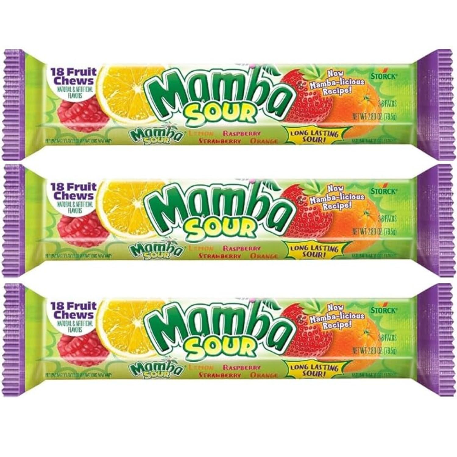 Mamba Sour Fruit Chews Fruit Flavor Sticks - 3 Pack - 18 Piece Fruit Chew Sticks (54 Total Fruit Chews) Assorted Gift Set