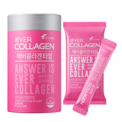 EVER COLLAGEN TIME NEWTREE Low Molecular Multi Marine Collagen Peptides Protein Powder Stick for Skin Hair Nail Health &amp; Beauty Type I III Collagen Supplement for Women Men, 30 Packets (Apple Flavor)