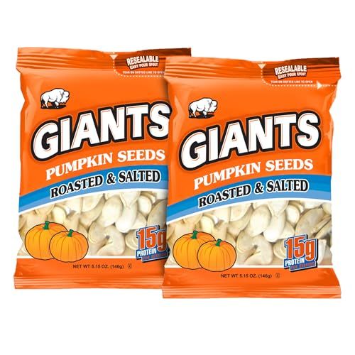GIANTS Pumpkin Seeds - Pumpkin Seeds in Shell, Pumpkin Seeds to Eat, Roasted and Salted, Whole Pumpkin Seeds with Shell, High Protein Snack with 15g Protein Per Serving - 5.15 oz (Pack of 2)