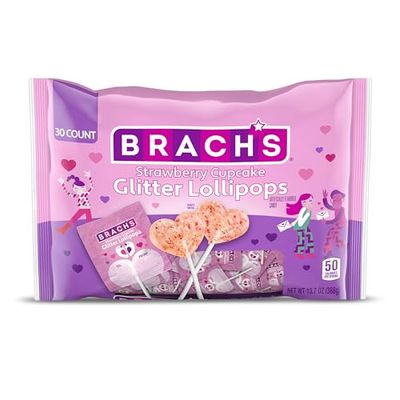 Brachs Strawberry Cupcake Glitter Lollipops, Valentine&#39;s Day Candy, Individually Wrapped, 30 count