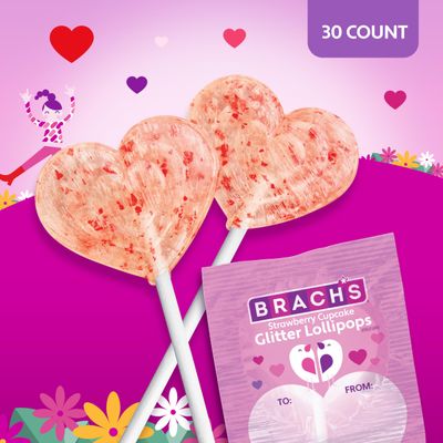 Brachs Strawberry Cupcake Glitter Lollipops, Valentine's Day Candy, Individually Wrapped, 30 count