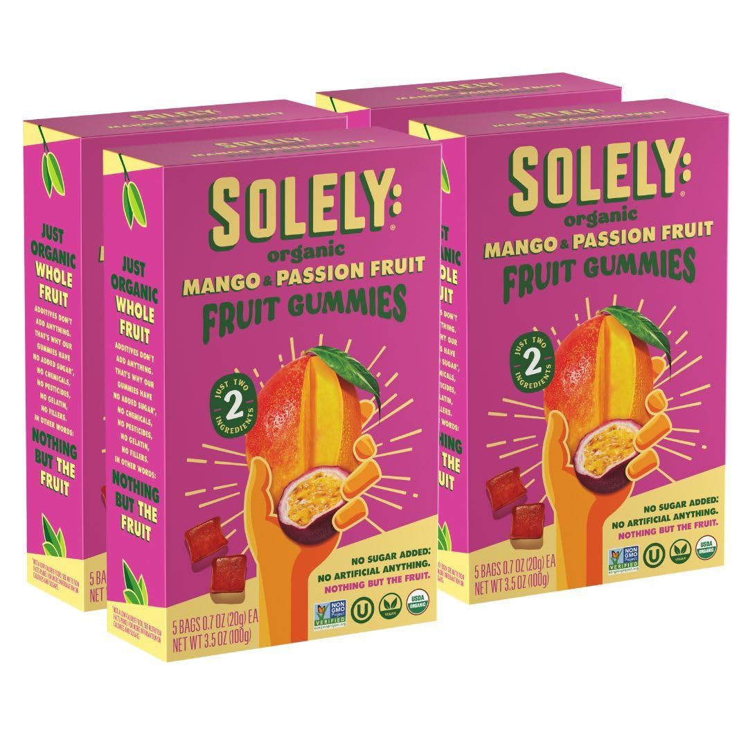 SOLELY - Organic Mango &amp; Passion Fruit Whole Fruit Gummies (Pack of 4 Boxes, 5 Bags per Box) - Fresh Fruit - Healthy Snacks for Adults &amp; Kids - Non GMO, Vegan Snacks, Shelf Stable - 20 Bags (3.5 oz)
