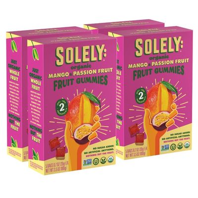 SOLELY - Organic Mango &amp; Passion Fruit Whole Fruit Gummies (Pack of 4 Boxes, 5 Bags per Box) - Fresh Fruit - Healthy Snacks for Adults &amp; Kids - Non GMO, Vegan Snacks, Shelf Stable - 20 Bags (3.5 oz)