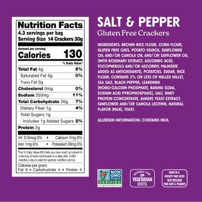 Miltons Gluten Free Crackers, Salt &amp; Pepper - Non-GMO Project Verified, Kosher, Certified Gluten Free Snack, 5 Grains In Every Bite - 4.5 Oz, Pack of 2