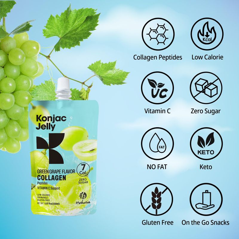 Hethstia Konjac Jelly Green Grape Flavor, 10 Packs, Drinkable Jelly Squeeze Pouch Snacks with Collagen Peptides, 7 Kcal, 0 Sugar, Keto &amp; Gluten Free, On-The-Go Chewy Snack