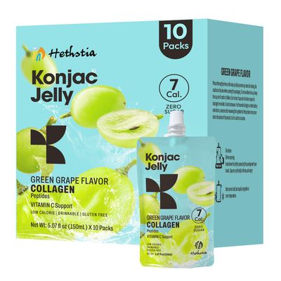 Hethstia Konjac Jelly Green Grape Flavor, 10 Packs, Drinkable Jelly Squeeze Pouch Snacks with Collagen Peptides, 7 Kcal, 0 Sugar, Keto &amp; Gluten Free, On-The-Go Chewy Snack