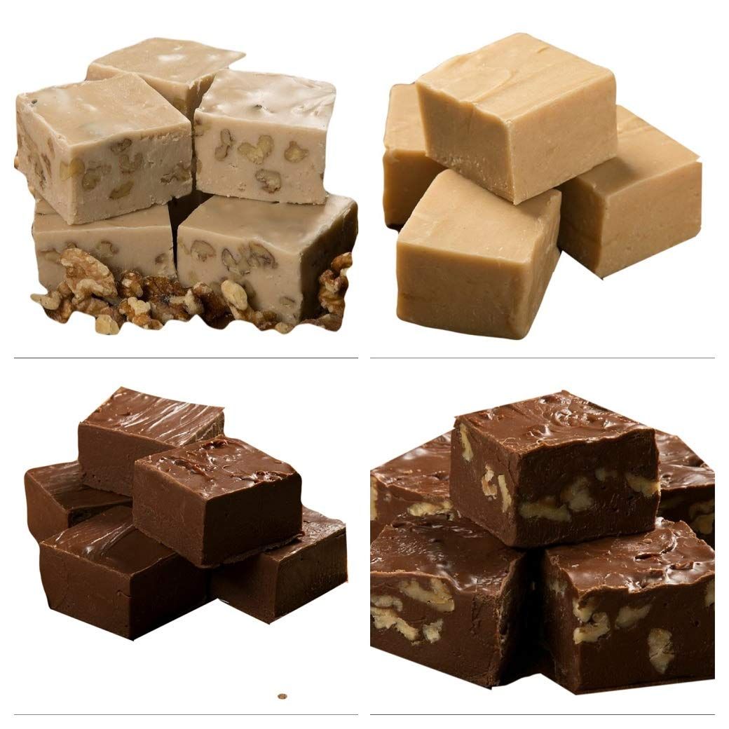 Betsy&#39;s Fancy Fudge Variety Box, 1/4 lb each Individually Wrapped Squares of CHOCOLATE, CHOCOLATE WALNUT, PEANUT BUTTER, MAPLE WALNUT - 1 LB, Gluten Free Candy, Fresh Gourmet Fudge, Makes Great Gift