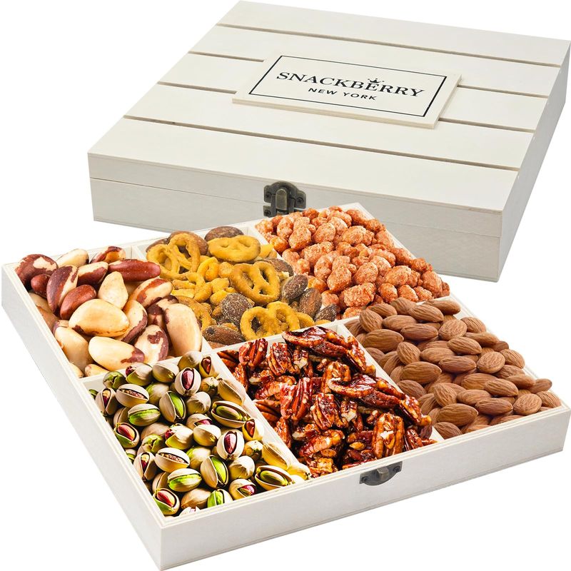Premium Wooden Mixed Nuts Gift Basket, Gourmet, Snack Box, Gift Set For Birthday Party, Sympathy, Healthy Gift Snack Box for Men and Women, Snackberry (6 Nut Mix Variety) (Single)