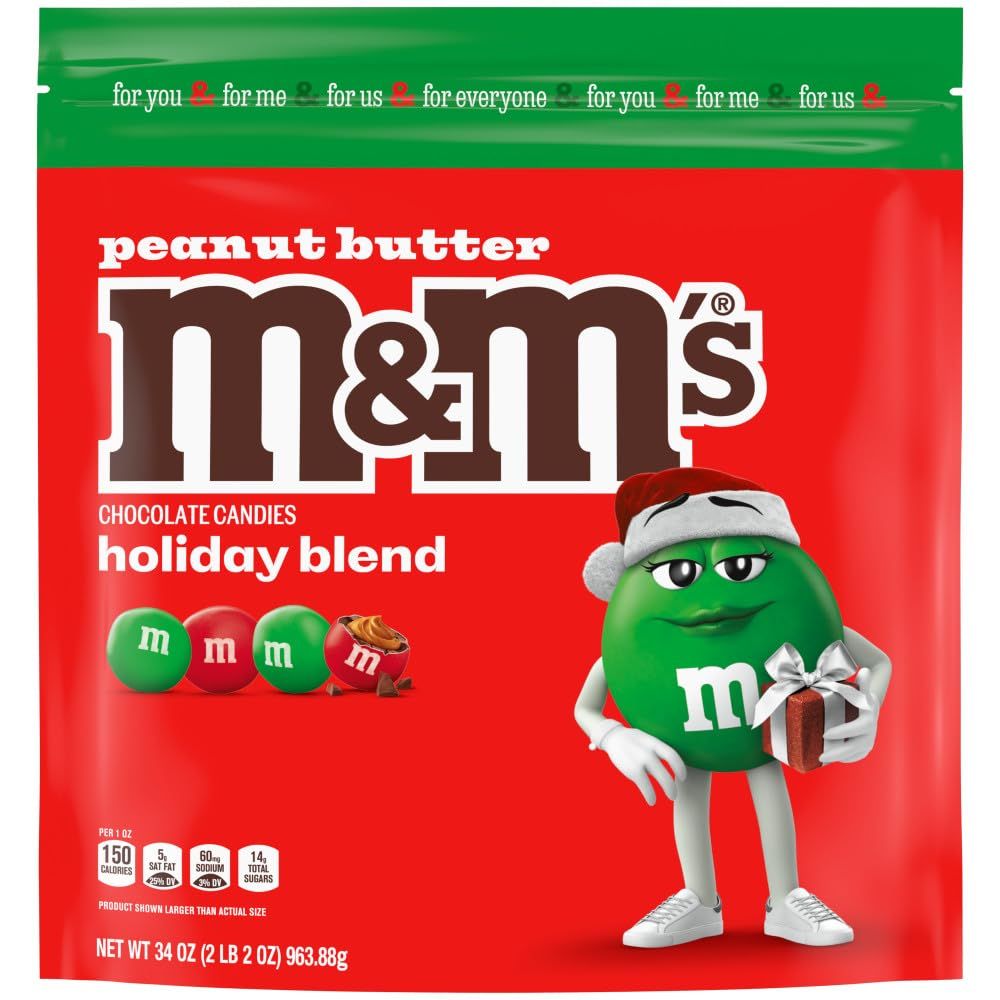 M&amp;M&#39;S Peanut Butter Red &amp; Green Milk Chocolate Christmas Candy, 34 Oz Resealable Bag