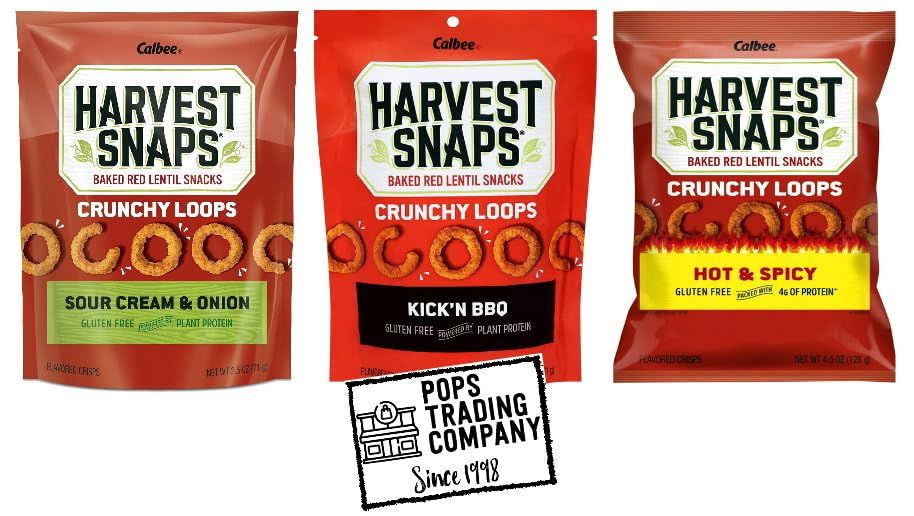 POPS TRADING COMPANY Since 1998 Baked Red Lentil Snack 3 Flavor Variety Pack Sampler W/Recipe Card 3 Pack 2.5 ounce BBQ Sour Cream &amp; Onion &amp; Hot &amp; Spicy