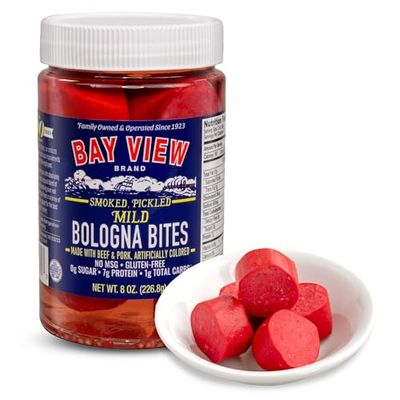 Bay View Smoked Pickled Polish Sausage, No MSG, Gluten Free, No Soy, 0g Sugar, 7g Protein, Hardwood Smoked, Mouthwatering Pickled Snack (Mild Bologna, 8oz)