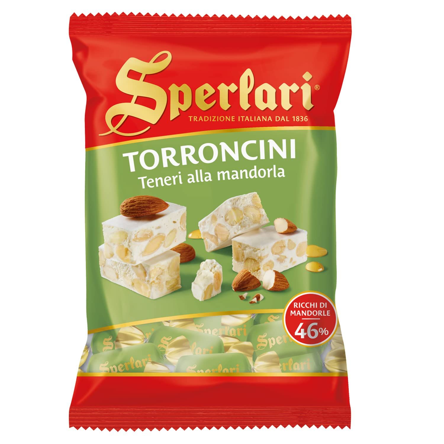 Sperlari Torrone Traditional Italian Candy - Gourmet Soft Nougat With Crunchy Sliced Almonds &amp; Honey - Travel Size Imported European Bagged Candy Individually Wrapped - 117 gr / 4.12 oz (Pack of 1)