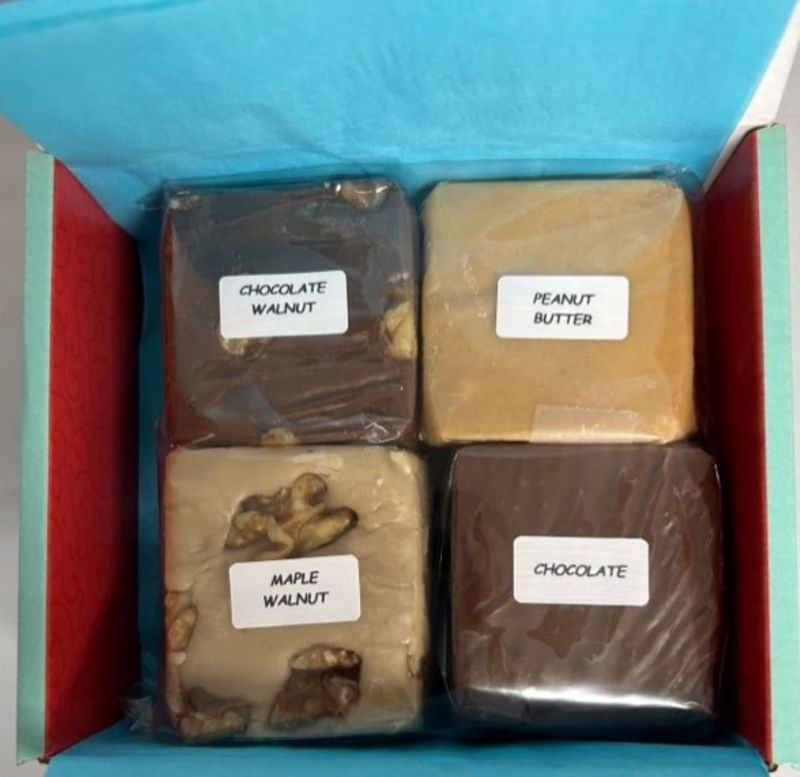 Betsy's Fancy Fudge Variety Box, 1/4 lb each Individually Wrapped Squares of CHOCOLATE, CHOCOLATE WALNUT, PEANUT BUTTER, MAPLE WALNUT - 1 LB, Gluten Free Candy, Fresh Gourmet Fudge, Makes Great Gift