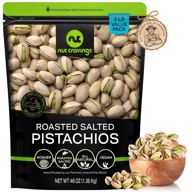 NUT CRAVINGS - Freshly Roasted &amp; Salted California Pistachios (48oz - 3 LB) Packed Fresh in Resealable Bag - Nut Snack - Healthy Protein Food, All Natural, Keto Friendly, Vegan, Kosher