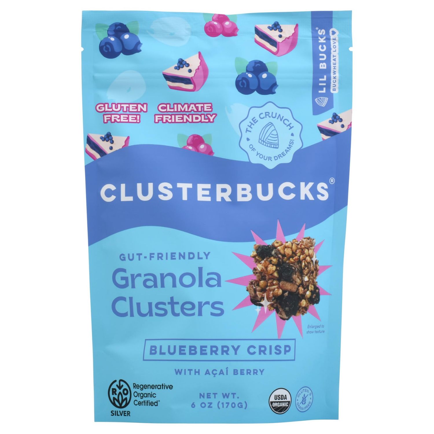Clusterbucks Gut Friendly Granola Clusters made with Sprouted Buckwheat and Acai Berry, Gluten Free Snack (Blueberry Crisp, 6 Pack)