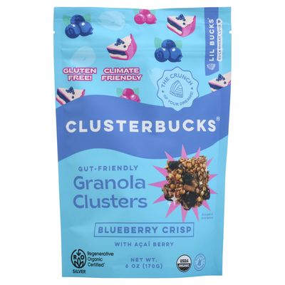 Clusterbucks Gut Friendly Granola Clusters made with Sprouted Buckwheat and Acai Berry, Gluten Free Snack (Blueberry Crisp, 6 Pack)