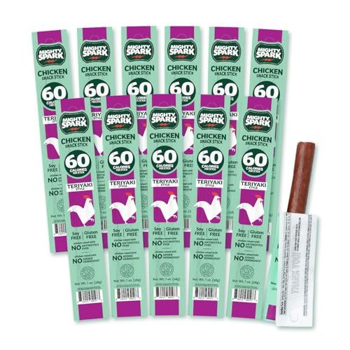 Mighty Spark Chicken Snack Sticks - Teriyaki - 6g of Protein, No Antibiotics, No Hormones, Gluten Free, Soy Free Meat Sticks - High Protein Keto Snacks, Weight Watchers Approved - 12 Count