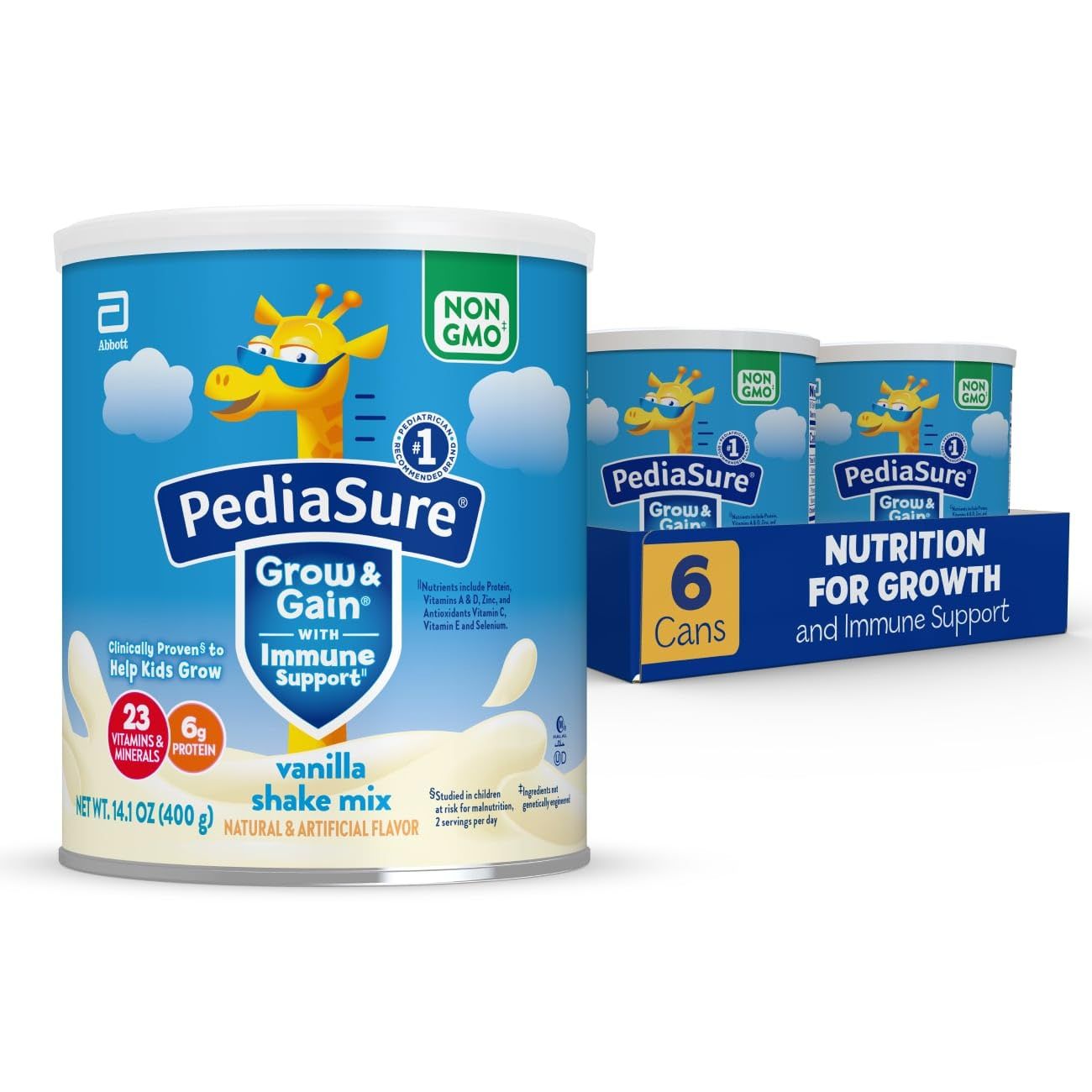 PediaSure Grow &amp; Gain With Immune Support Shake Mix Powder, Kids Protein Shake, Vanilla, 14.1 oz Can, Pack of 6-48 Servings