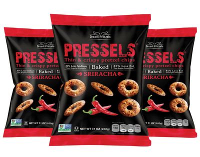 Dream Pretzels Pressels Baked Pretzel Chips, Sriracha Seasoned, Mini Thin Crisps, Gourmet Snack Bites, Vegan, Low Sodium, Pack of 3 Individual Bags (7.1 oz)