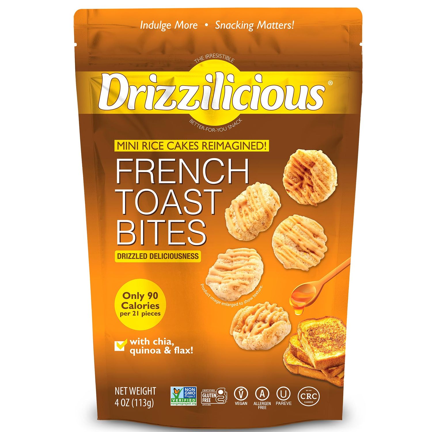 Drizzilicious Mini Rice Cakes French Toast - Rice Crisps, Healthy Snack for Adults and Kids, Flavored Rice Cakes, Vegan, Gluten Free, Allergen Free, Only 90 Calories Per Serving - 4 oz (Pack of 6)
