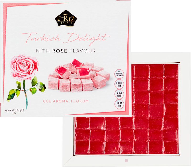 Turkish Delight with Rose Flavor 454gr Gourmet Medium Size Snacks Gift Box  No Nuts Sweet Luxury Traditional Confectionery Vegan Soft Candy Dessert Glucose Free Lokum (Loukoumi) Approx.42 Pcs