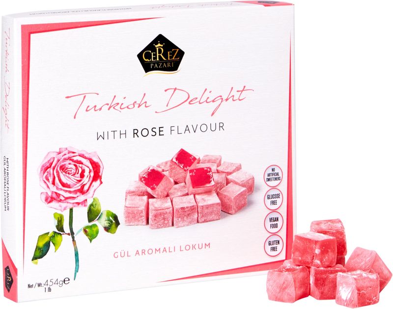 Turkish Delight with Rose Flavor 454gr Gourmet Medium Size Snacks Gift Box  No Nuts Sweet Luxury Traditional Confectionery Vegan Soft Candy Dessert Glucose Free Lokum (Loukoumi) Approx.42 Pcs