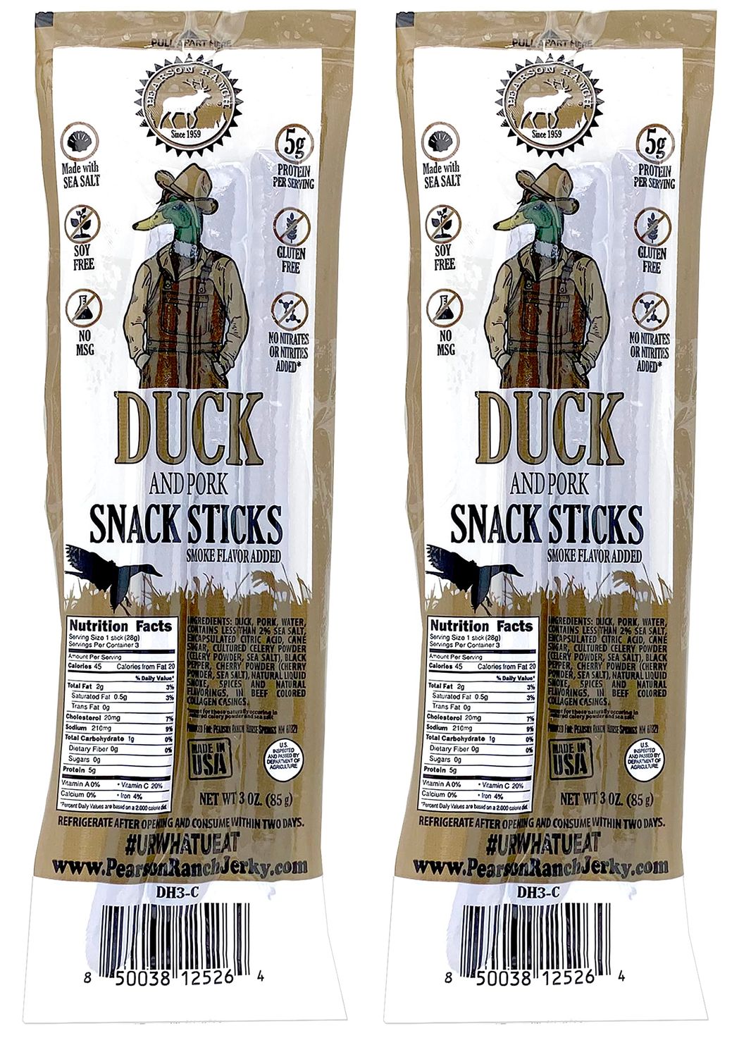 PEARSON RANCH SINCE 1959 Duck Meat Sticks Pack of 2 6 Sticks Total, Exotic Meat Sticks, Low-Carb, Gluten-Free, MSG-Free, Paleo and Keto Friendly Snacks