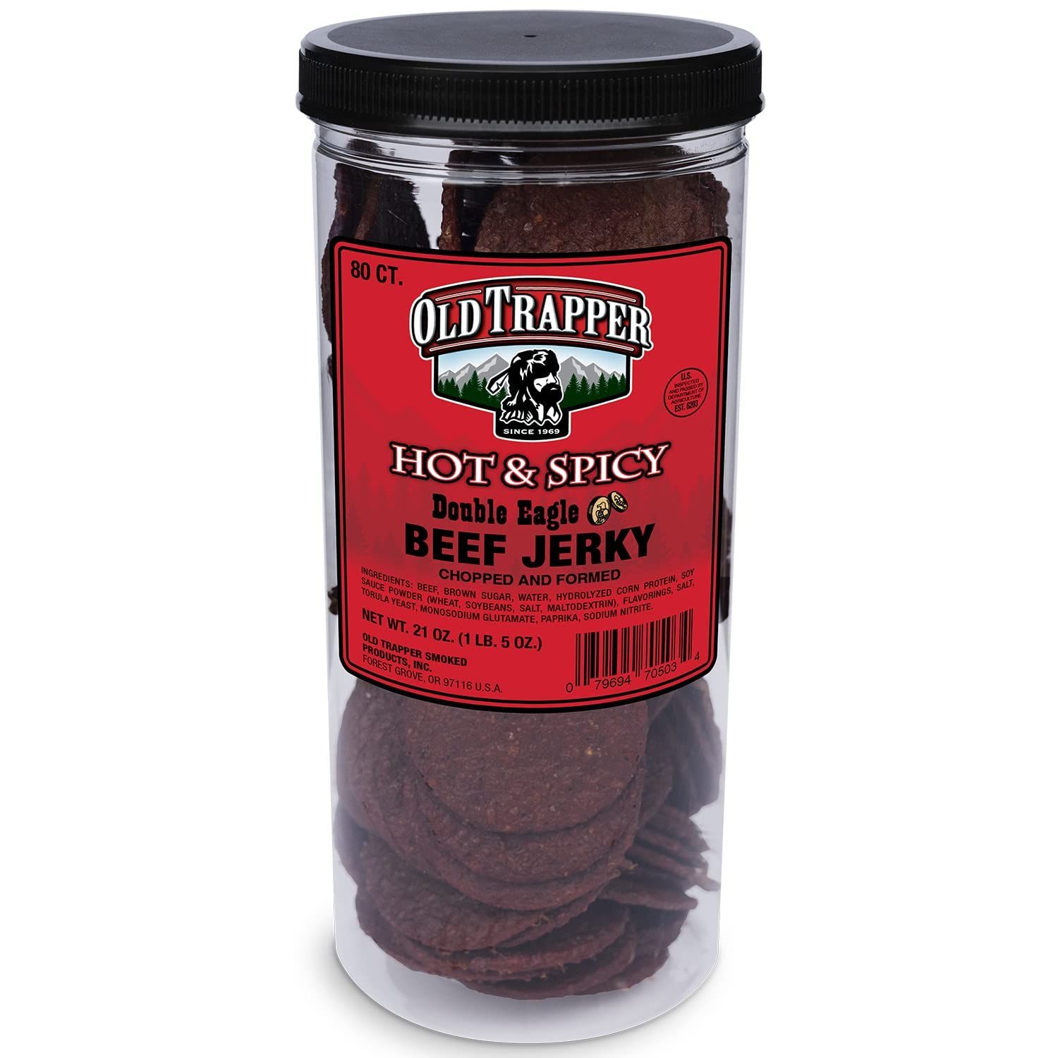 Old Trapper Hot &amp; Spicy Double Eagle Beef Jerky  Traditional Style Real Wood Smoked  1 Jar (80Piece), 80Count