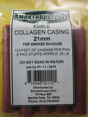 Smokehouse Chef Edible 21 mm Snack Stick Collagen Casing for 25 lbs of Homemade Snack Sticks, Slim Jims, Pepperoni etc.