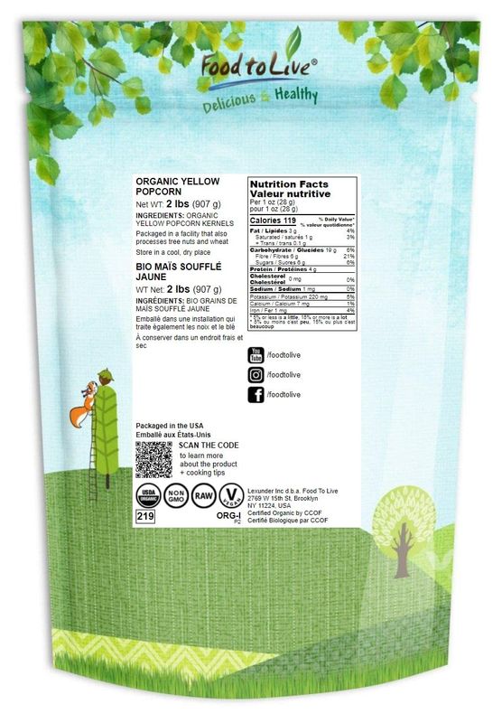 Food to Live Organic Yellow Popcorn - Non-GMO Corn Kernels, 100% Whole Grain, No Additives, No Preservatives, Vegan, Bulk. Theater-Quality Popcorn. Easy to Make. High Fiber, and Low-Calorie Snack