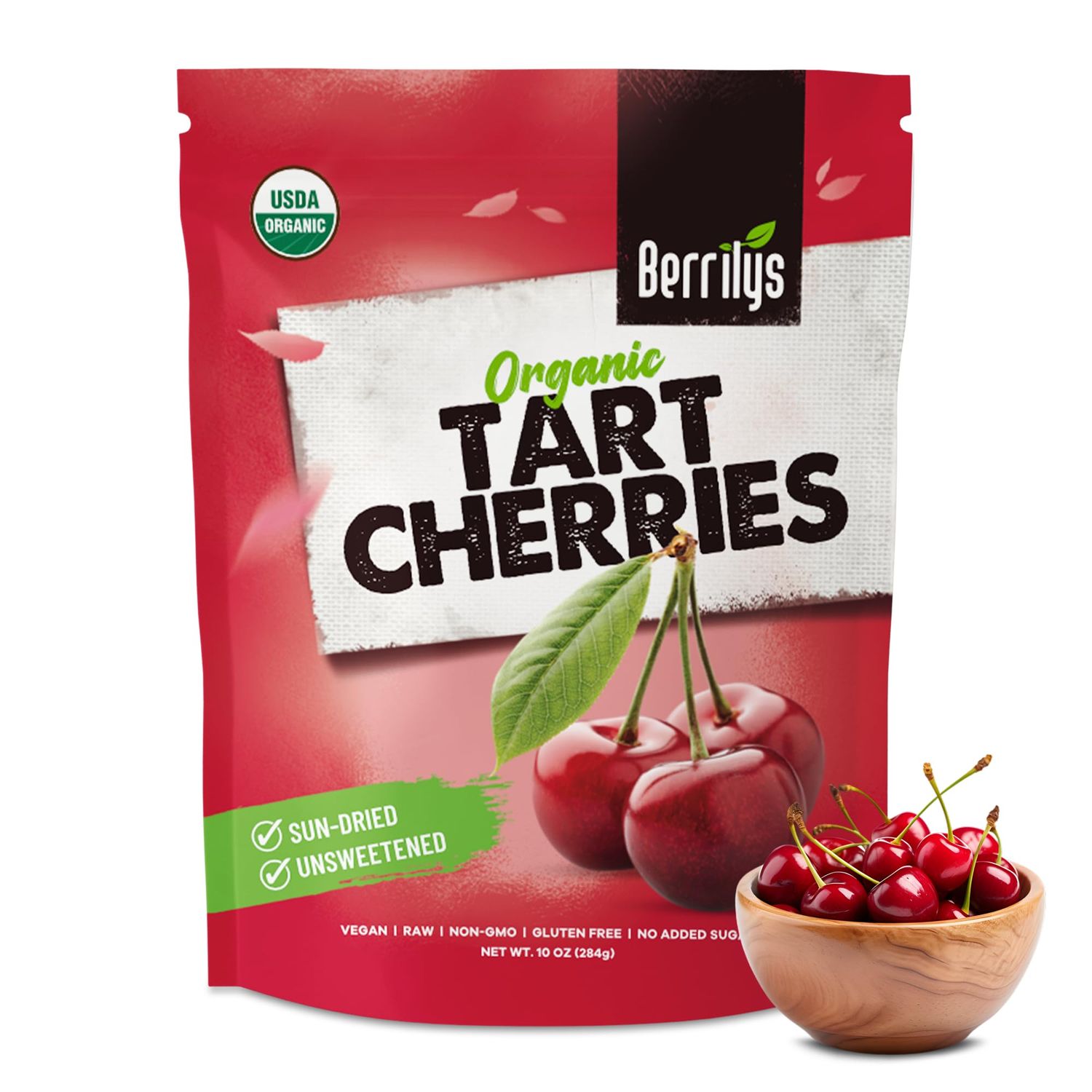 Organic Dried Tart Cherries, Berrilys, 10 Oz, Pitted, Non-GMO, Kosher, Unsulfured, No Added Sugar, No Added Oil, Healthy Snack, Great Ingredient for Baking
