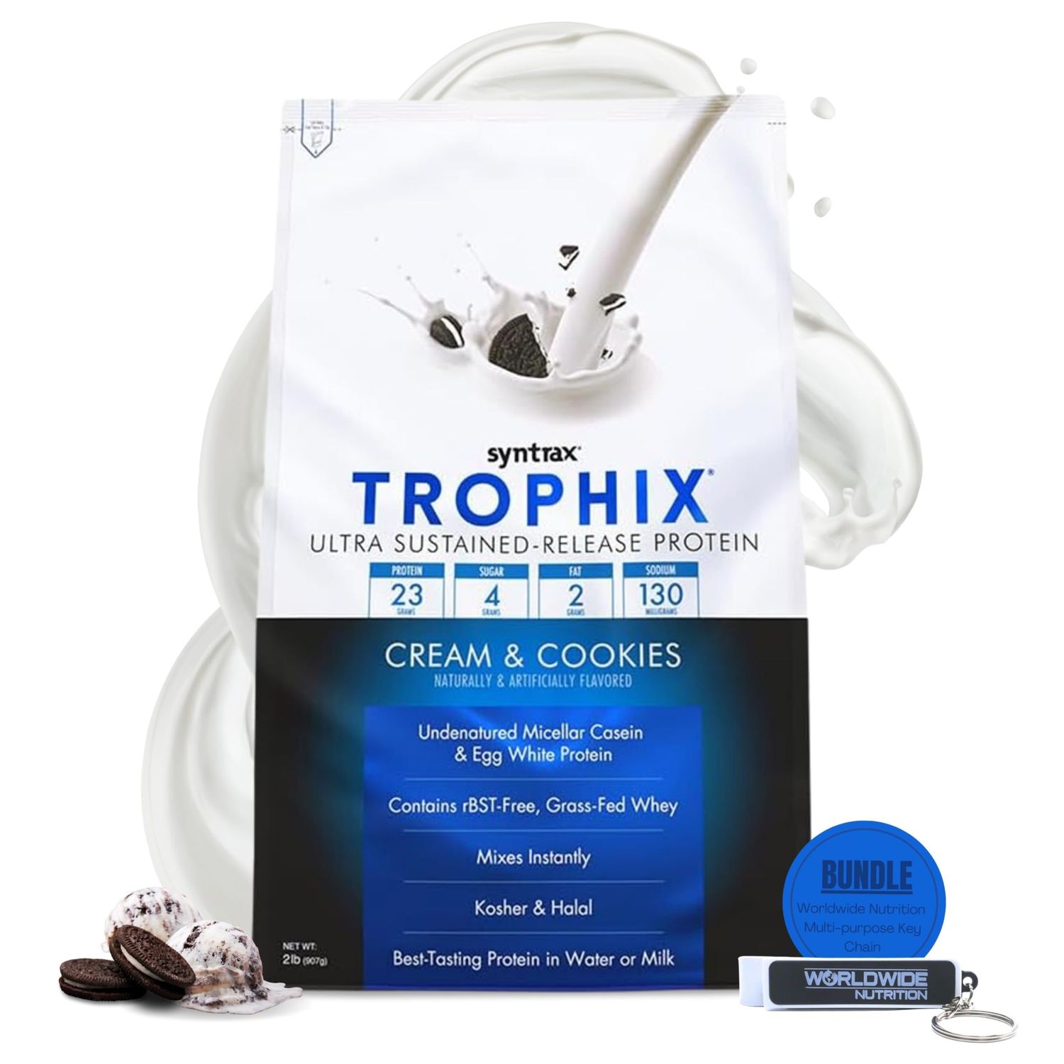 Syntrax Bundle: Trophix Undenatured Casein Protein Cream &amp; Cookies - Instant Mix Whey Protein &amp; Egg White Protein Powder - 2 Pounds High Protein Powder and Worldwide Nutrition Keychain