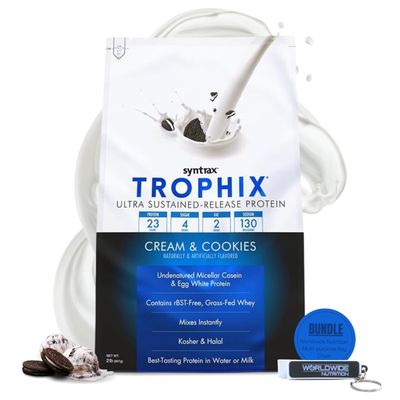 Syntrax Bundle: Trophix Undenatured Casein Protein Cream &amp; Cookies - Instant Mix Whey Protein &amp; Egg White Protein Powder - 2 Pounds High Protein Powder and Worldwide Nutrition Keychain