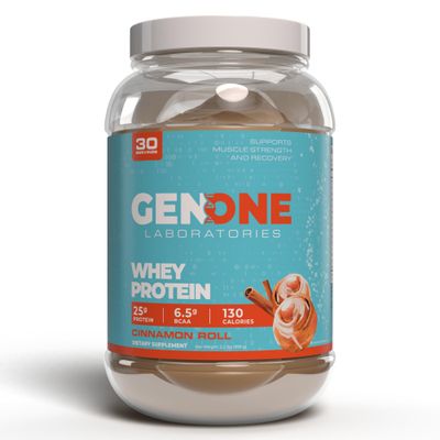 GenOne Whey Protein Powder Isolate, 25g Protein and 6.5g BCAAs per Serving, Cinnamon Roll, Low Carb, Fast Digesting, 30 Servings, 2.25 LB
