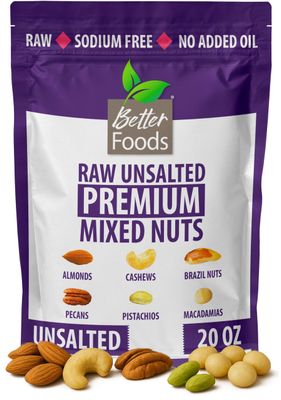 BetterFoods Premium Mixed Nuts  Luxury 6-Nut Blend with Macadamias, Pistachios &amp; Premium Nuts, No Peanuts or Fillers  Raw, Unprocessed, No Added Salt, Pure Natural Goodness  20oz (1-Pack)