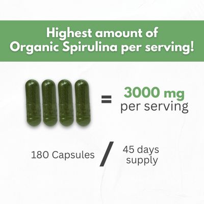 Organic Spirulina Powder Capsules 3000 mg - Purest Non-Irradiated Blue Green Algae - Best Raw Vegan Protein - Green Superfood - Natural Multivitamins - 180 Pills Made in The USA