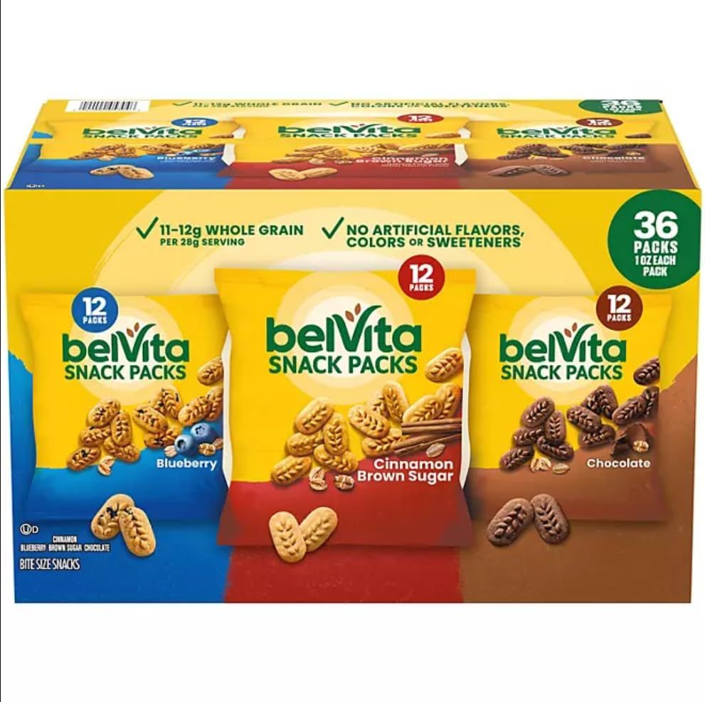 BelVita Breakfast Biscuits Variety Packs  3 Natural Flavors - 12 Chocolate belVita Snack Packs, 12 Cinnamon Brown Snack Packs, and 12 Blueberry Snack Packs  Sameday Shipping
