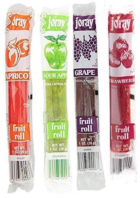 Joray Fruit Roll Variety Pack. Apricot, Strawberry, Sour Apple, Grape, 1 oz Fruit Leather (Total of 24 Fruit Rolls)