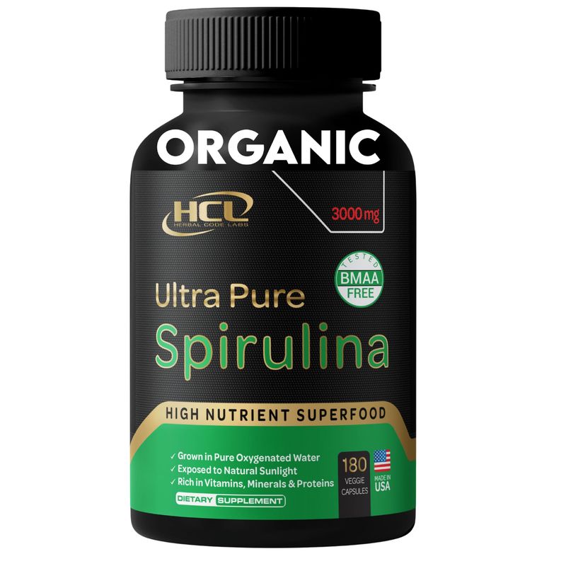 Organic Spirulina Powder Capsules 3000 mg - Purest Non-Irradiated Blue Green Algae - Best Raw Vegan Protein - Green Superfood - Natural Multivitamins - 180 Pills Made in The USA