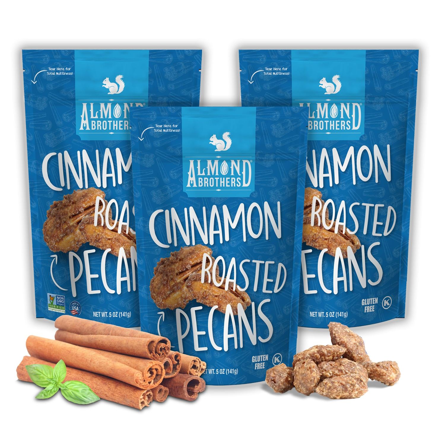 Almond Brothers Cinnamon Roasted Pecans - Gluten-Free, Non-GMO, Candied Pecans, Gourmet Pecan Snack (5oz, 3 Pack)