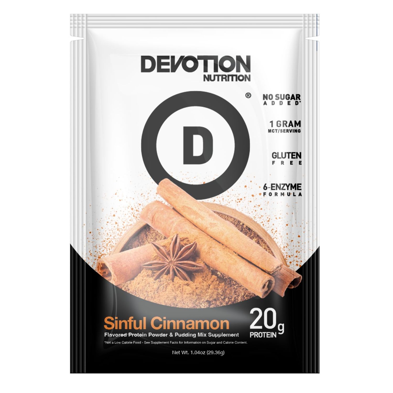 Devotion Nutrition Protein Powder Blend  Gluten Free, Keto Friendly, No Added Sugars  1g MCT  20g Whey &amp; Micellar Protein  12 Packets (Sinful Cinnamon)