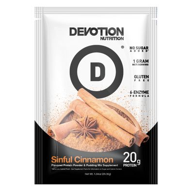 Devotion Nutrition Protein Powder Blend  Gluten Free, Keto Friendly, No Added Sugars  1g MCT  20g Whey &amp; Micellar Protein  12 Packets (Sinful Cinnamon)